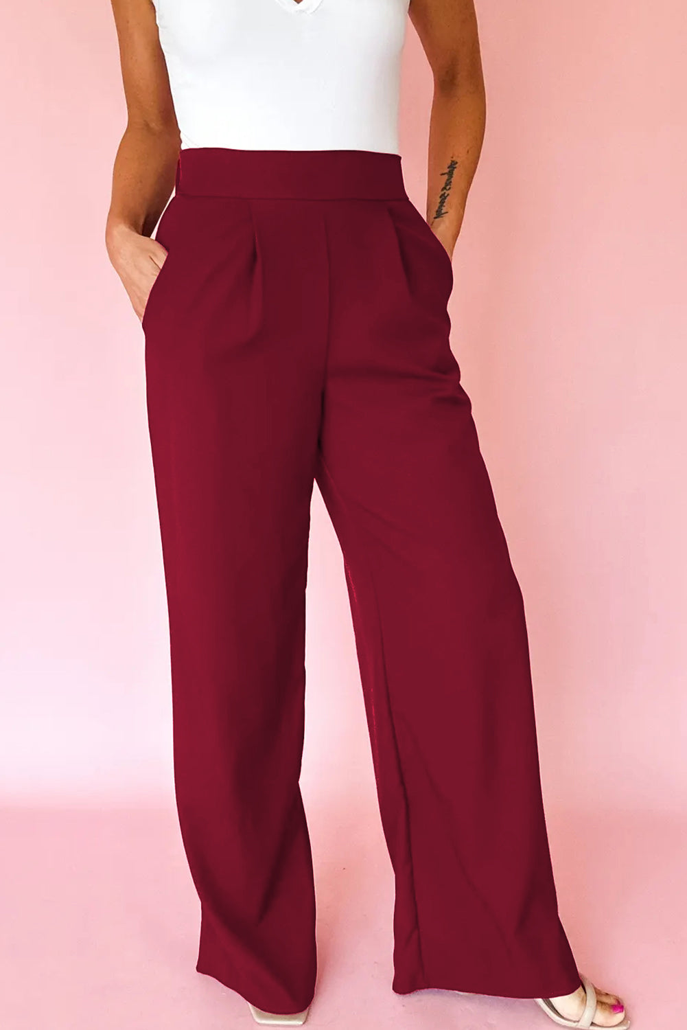 Burgundy Pleated Detail Pull On High Elastic Waist Loose Straight Pants