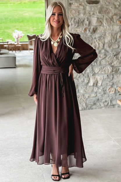 Dark Brown Solid Color Long Sleeve V Neck Pleated High Waist Maxi Dress