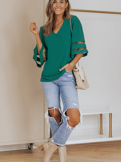 Green Sheer Flare Sleeve V Neck Casual Blouse