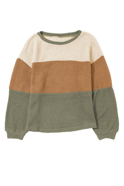 Green Striped Bubble Sleeve Baggy Top with Color Block Detail