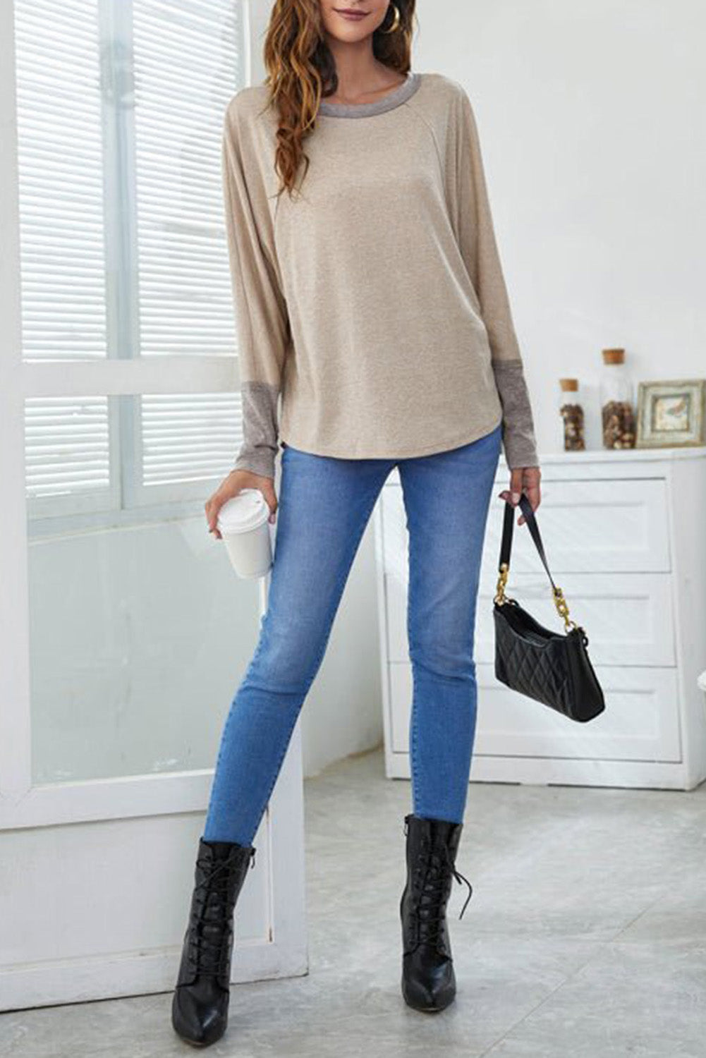 Khaki Batwing Sleeve Top with Color Block Cuffs