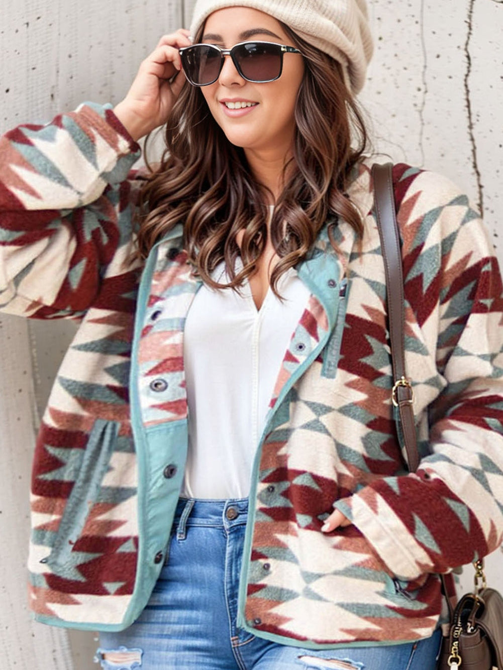 Fiery Red Geometric Aztec Pattern Plus Size Fleece Jacket
