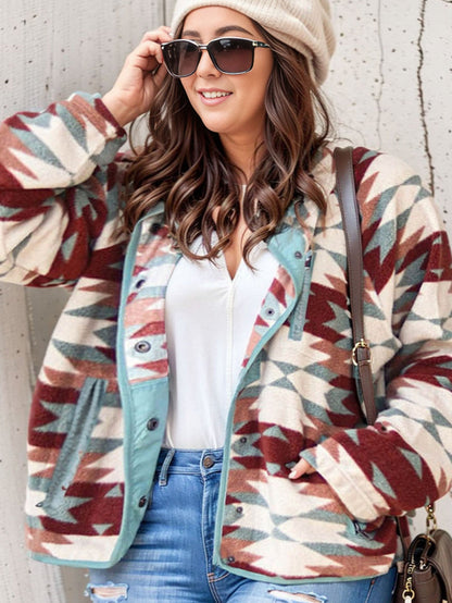 Fiery Red Geometric Aztec Pattern Plus Size Fleece Jacket
