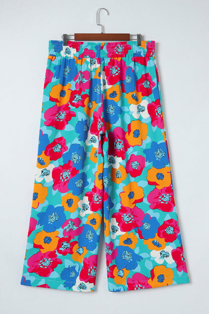 Vibrant Floral Print Plus Size Wide Leg Trousers