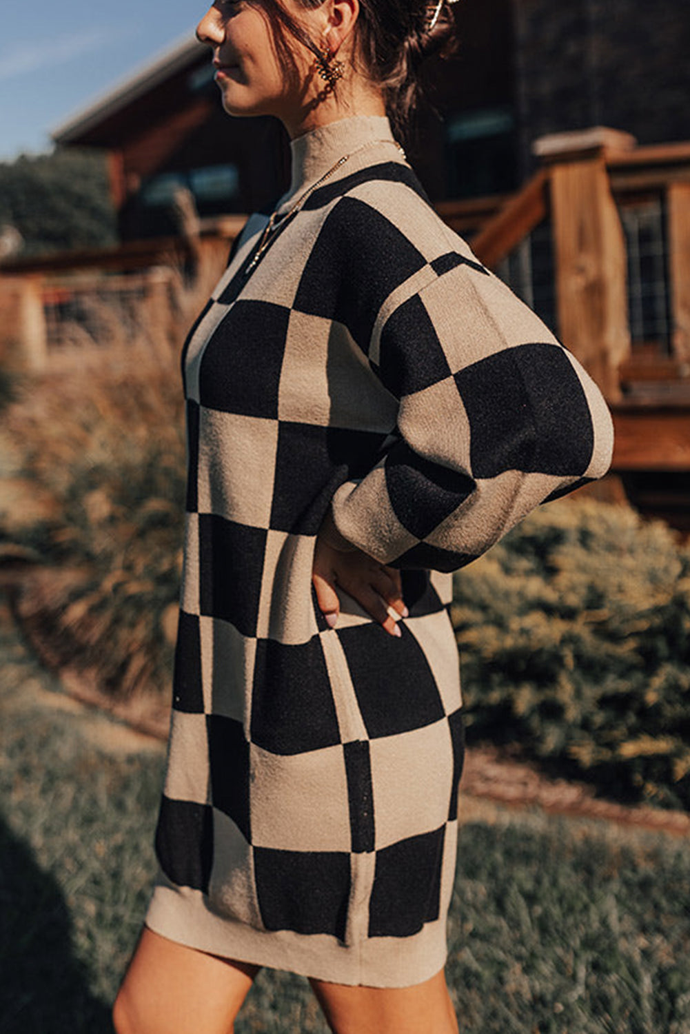 Black Checkered Pattern Knit Drop Shoulder High Neck Sweater Dress