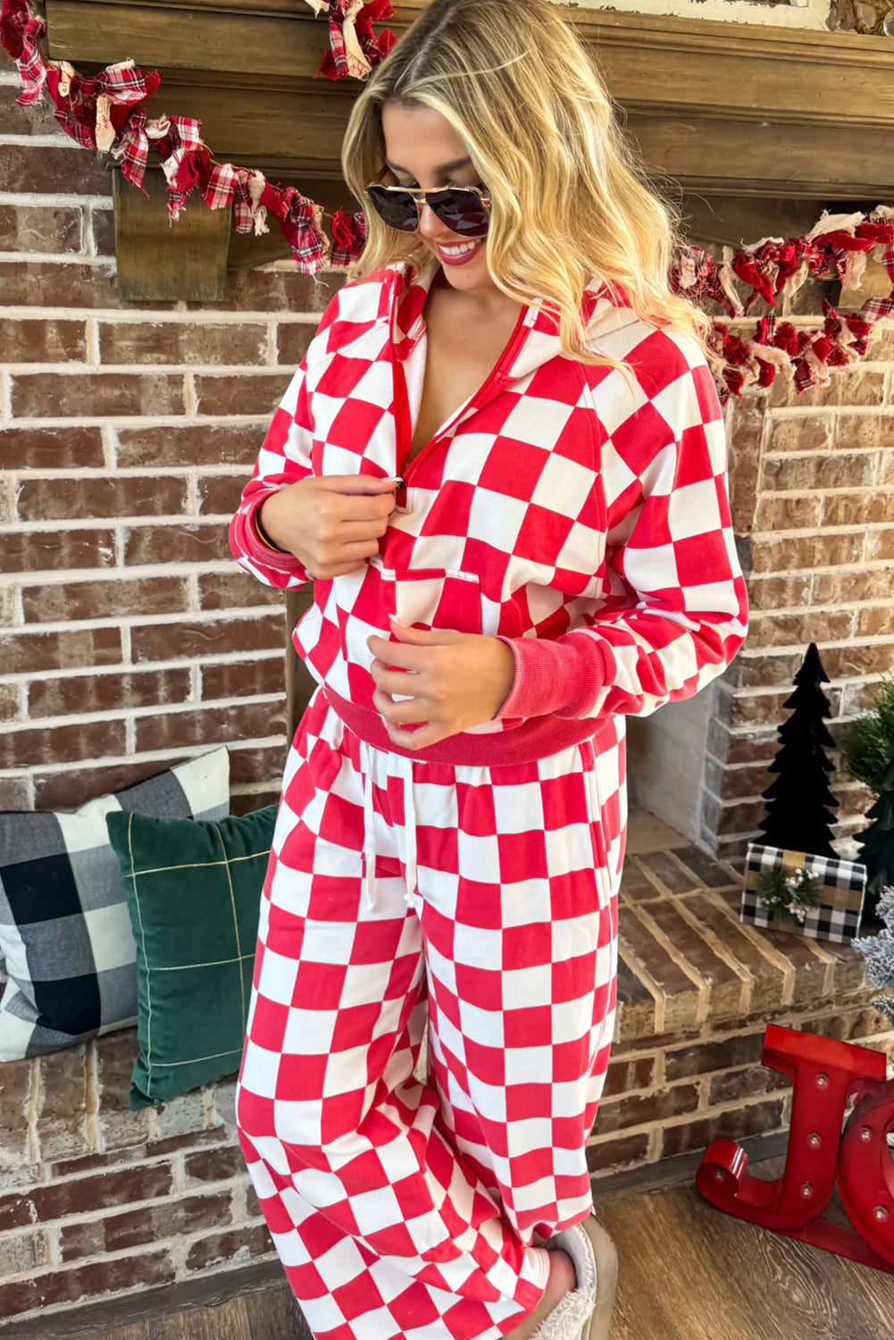 Rose Checkered Print Half Zip Hoodie