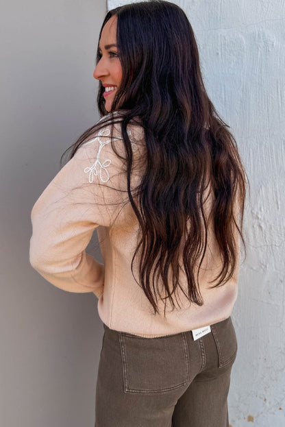 Parchment Contrast Embroidered Sleeve Ribbed Trim Casual Sweater