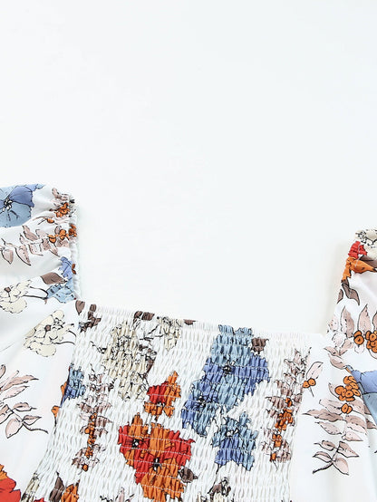 White Floral Smocked Flared Plus Size Dress