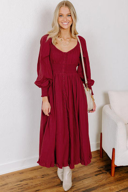 Racing Red Smocked High Waist Button Down Long Sleeve Flared Dress