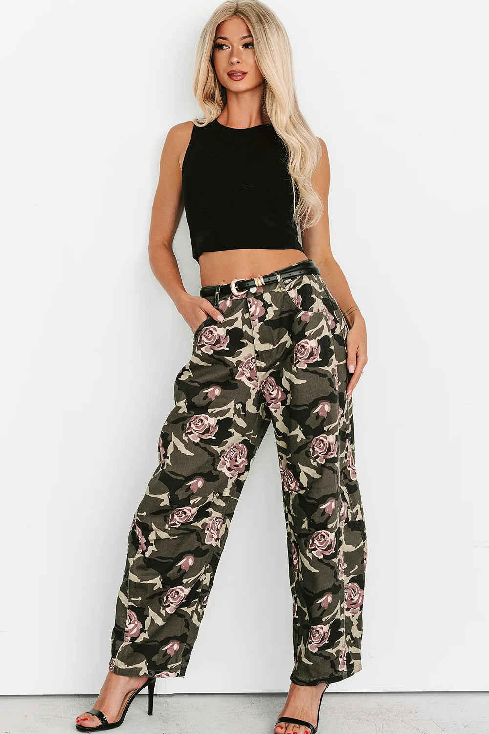 Green Camouglage Floral Print Boyfriend Casual Pants