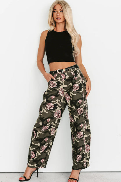 Green Camouglage Floral Print Boyfriend Casual Pants