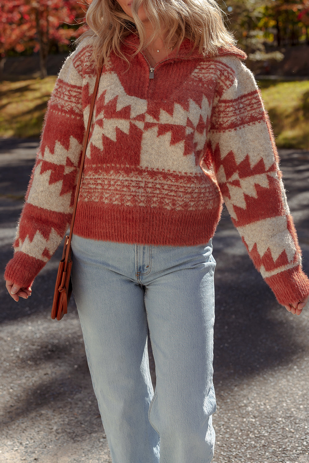 Mineral Red Western Geometric Pattern Zipped Collar Fuzzy Sweater