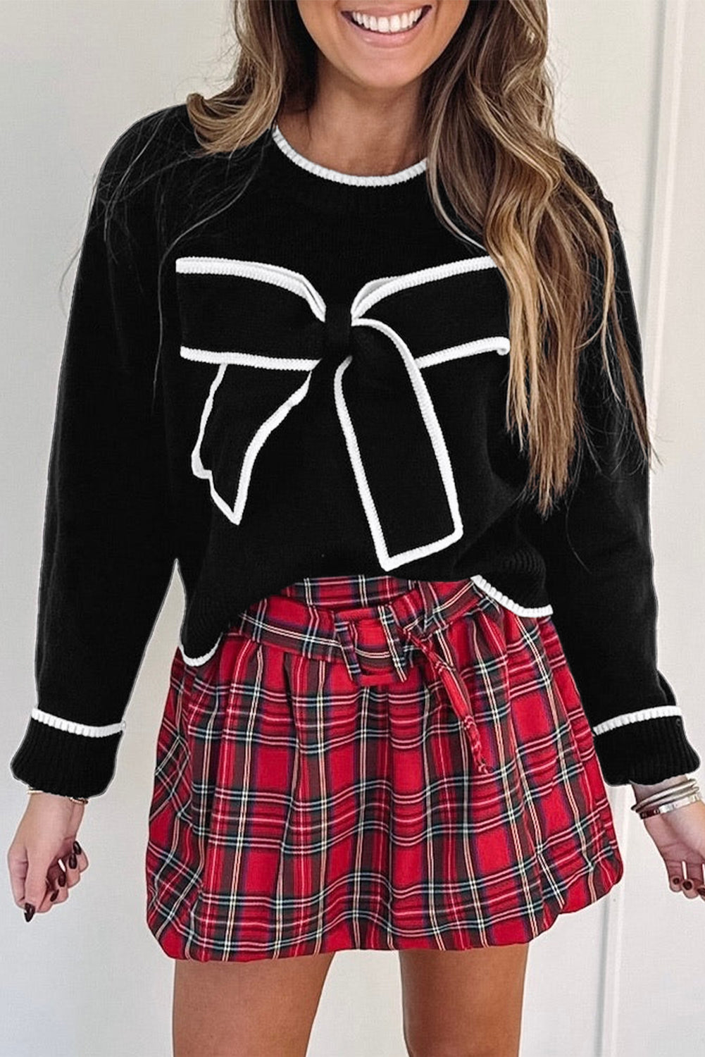 Black Contrast Trim Big Bow Accent Holiday Cropped Sweater