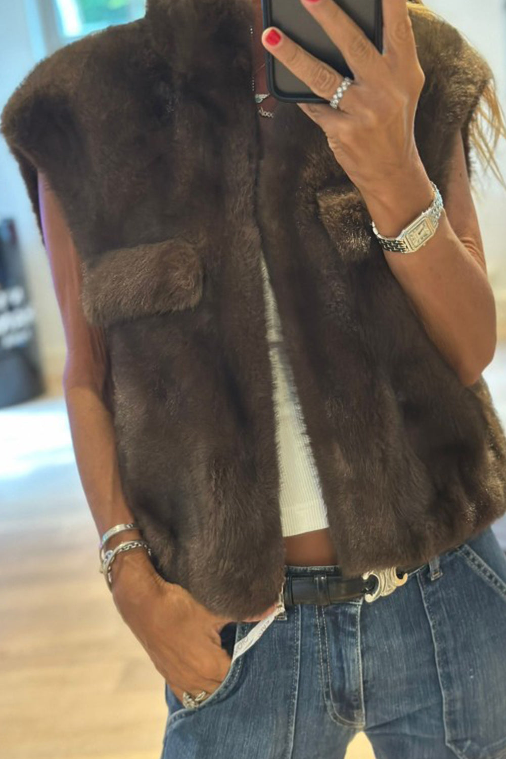 Chicory Coffee Faux Fur Stand Neck Zip Up Winter Vest