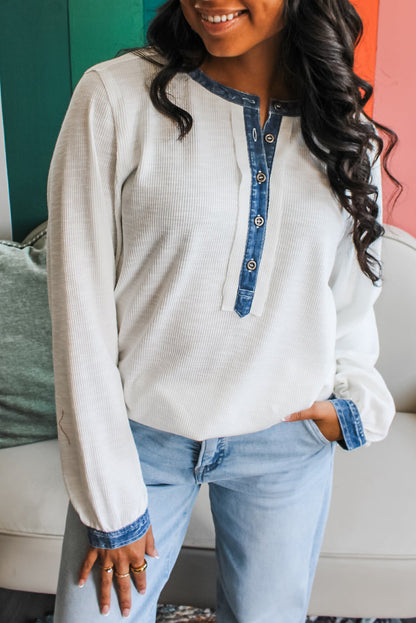 White Long Sleeve Ribbed Knit Denim Contrast Trim Henley Top