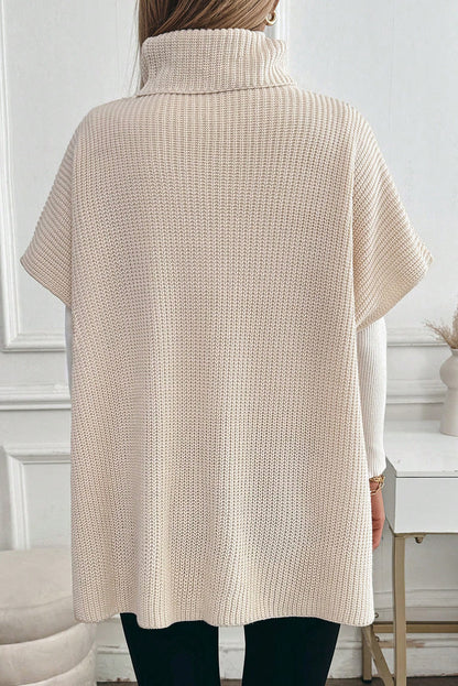 Jet Stream Plain Knit Casual Turtleneck Pocketed Short Sleeve Tunic Sweater