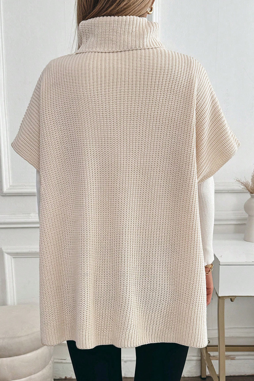 Jet Stream Plain Knit Casual Turtleneck Pocketed Short Sleeve Tunic Sweater