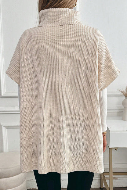 Jet Stream Plain Knit Casual Turtleneck Pocketed Short Sleeve Tunic Sweater