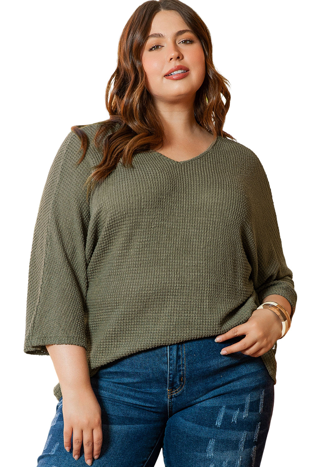Jungle Green Oversized V-Neck Waffle Knit Dolman Top