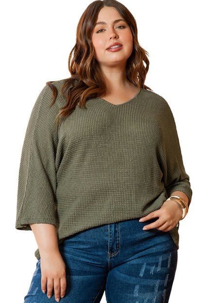 Jungle Green Oversized V-Neck Waffle Knit Dolman Top