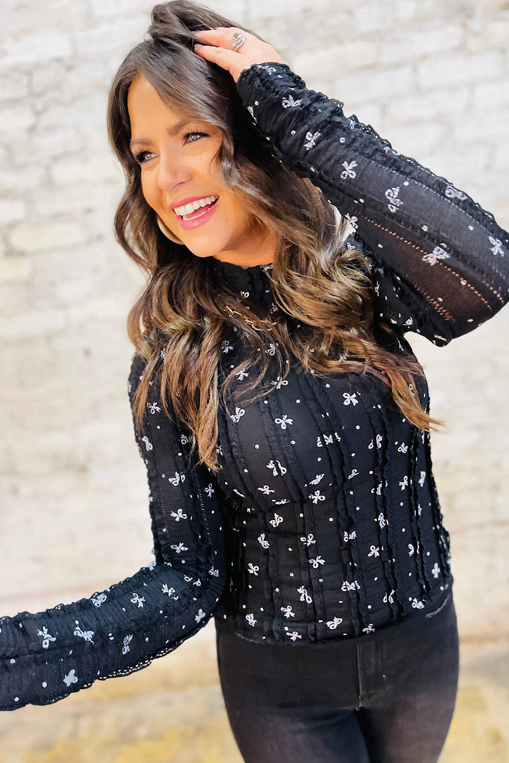 Black Bow Print Lace Detail Slim Long Sleeve Top