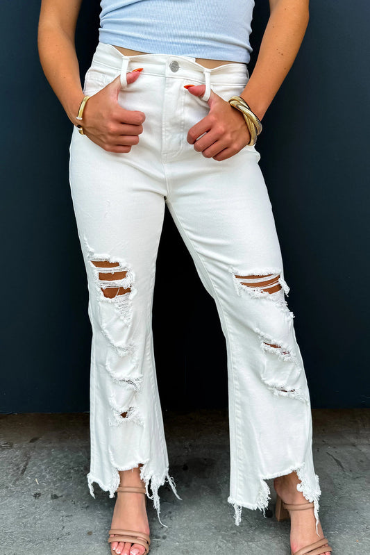 White Asymmetric Distressed Raw Hem Cowgirl Jeans