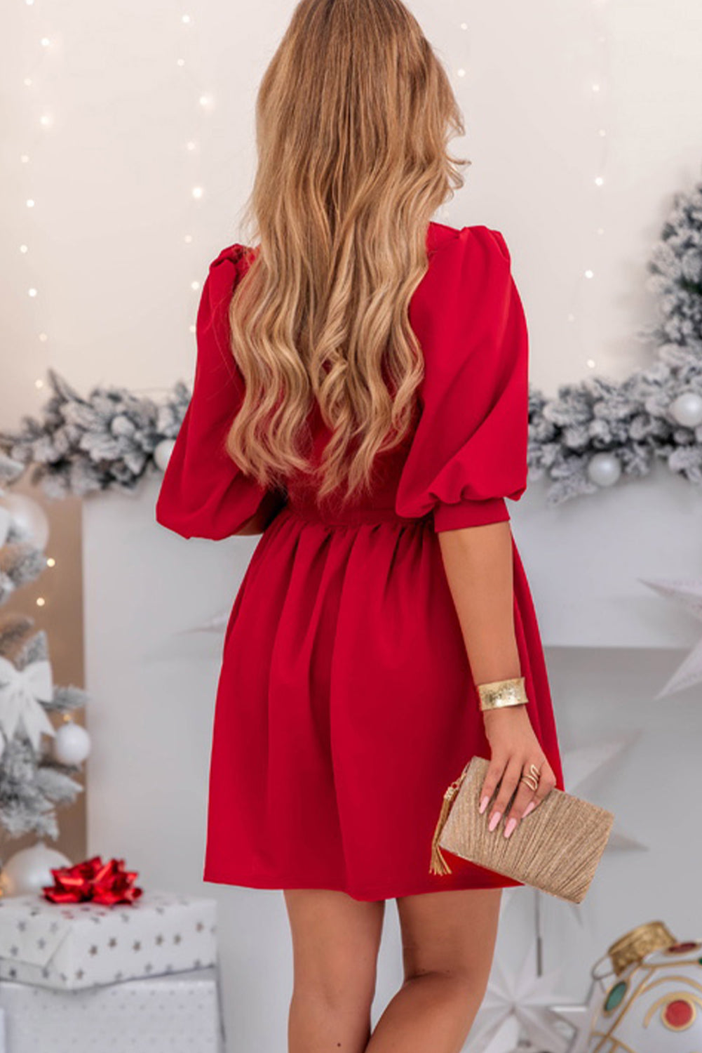Racing Red Festive Half Puff Sleeve Pleated High Waist A-line Mini Dress
