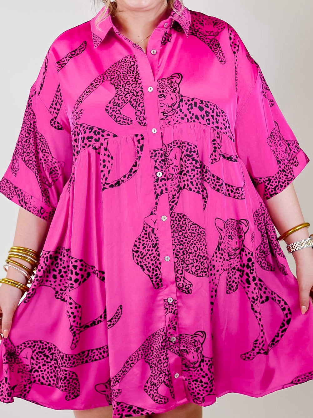 Rose Cheetah Print Half Sleeve Buttoned Plus Size Mini Dress