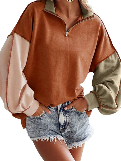Khaki Zippered V-Neck Color Block Sweatshirt