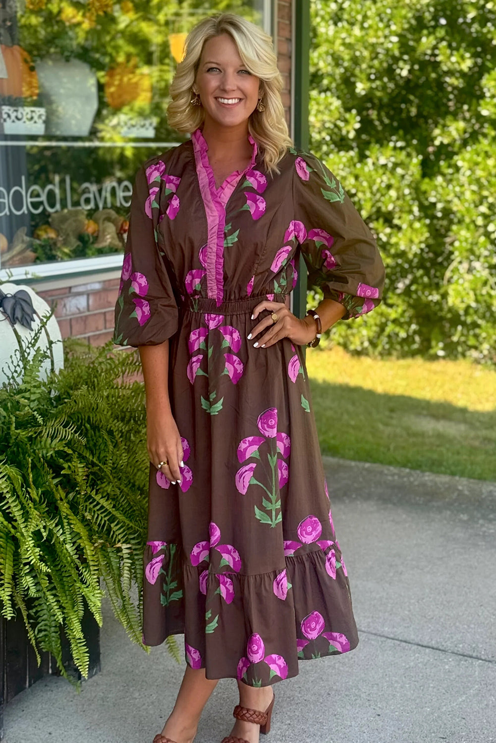 Brown Contrast Flower Print Frilled Neckline Puff Sleeve Long Dress