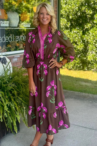 Brown Contrast Flower Print Frilled Neckline Puff Sleeve Long Dress