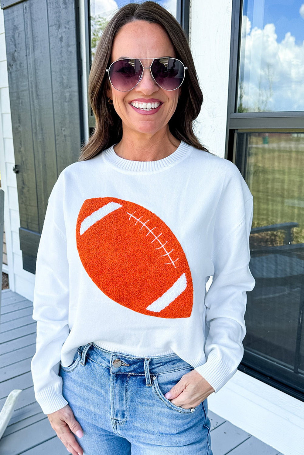 Orange Rugby Chenille Embroidered Crew Neck Game Day Sweater
