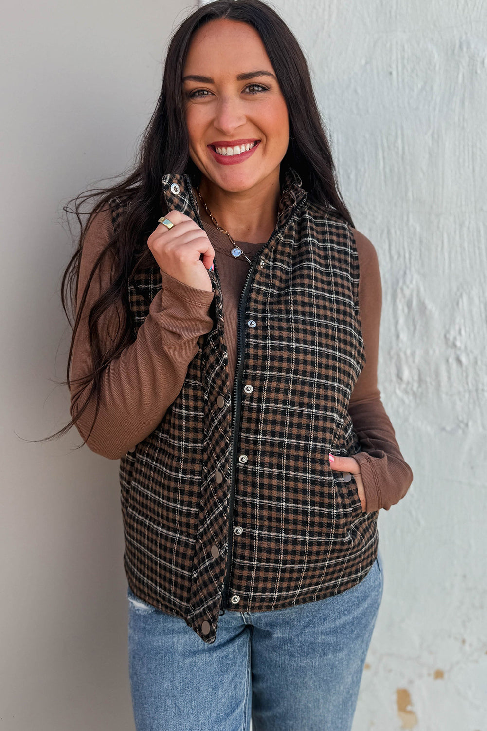 Green Retro Plaid Snap Button Zip Up Winter Vest