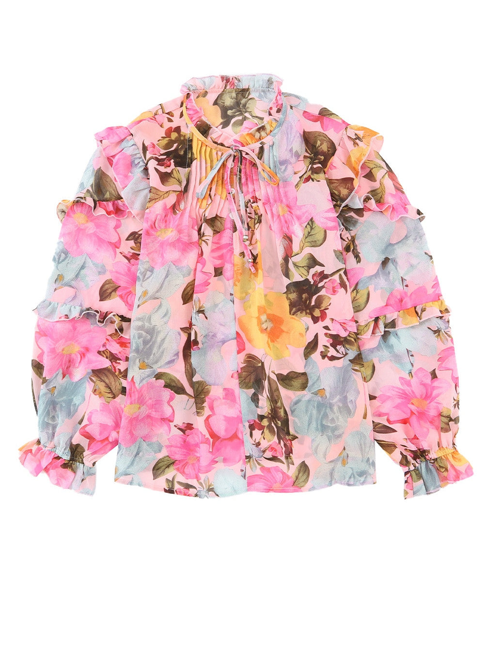 Floral Delight Pink Ruffle Tiered Puff Sleeve Blouse
