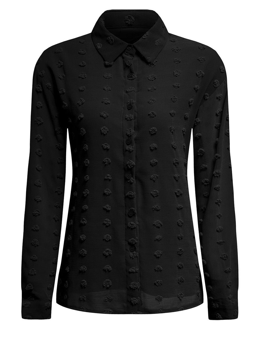 Elegant Black Polka Dot Fuzzy Button-Up Blouse