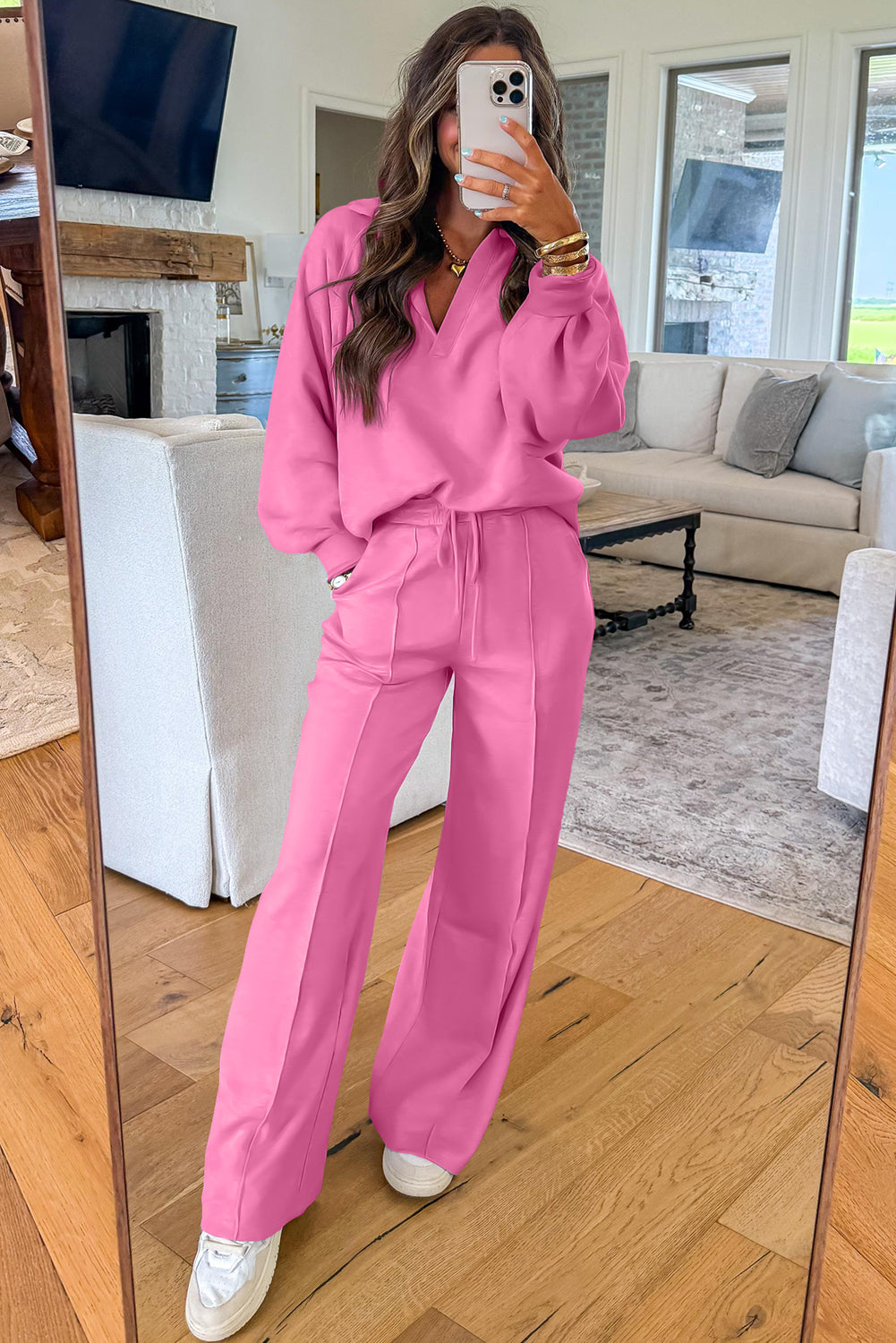 Bright Pink Polo Collar V Neck Pullover and Drawstring Sweatpants Set