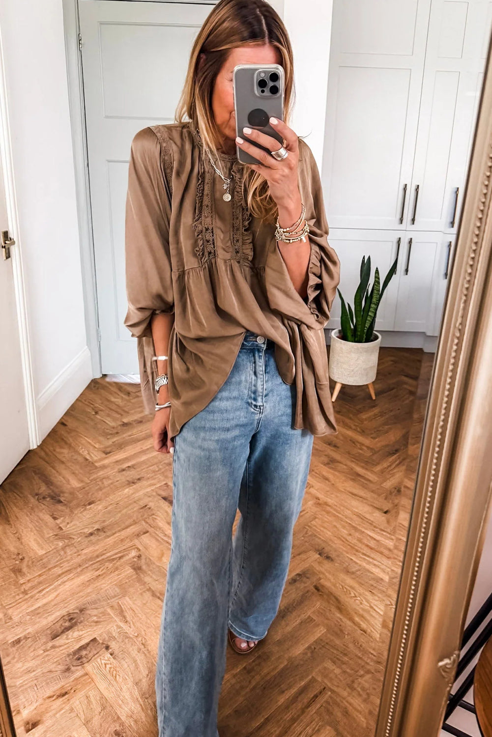 Dark Khaki Silky Round Neck Lace Frilled Detail Long Sleeve Blouse