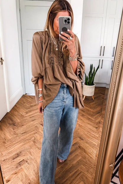 Dark Khaki Silky Round Neck Lace Frilled Detail Long Sleeve Blouse