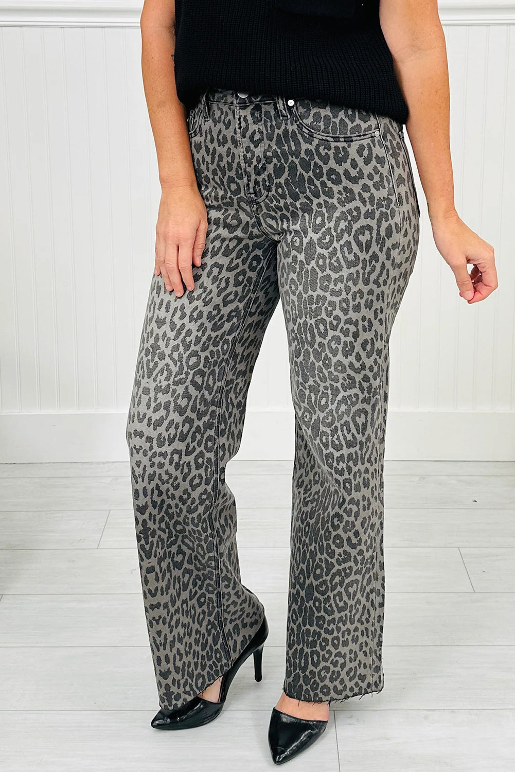 High-rise Leopard Print Tummy Control Raw Hem Jeans