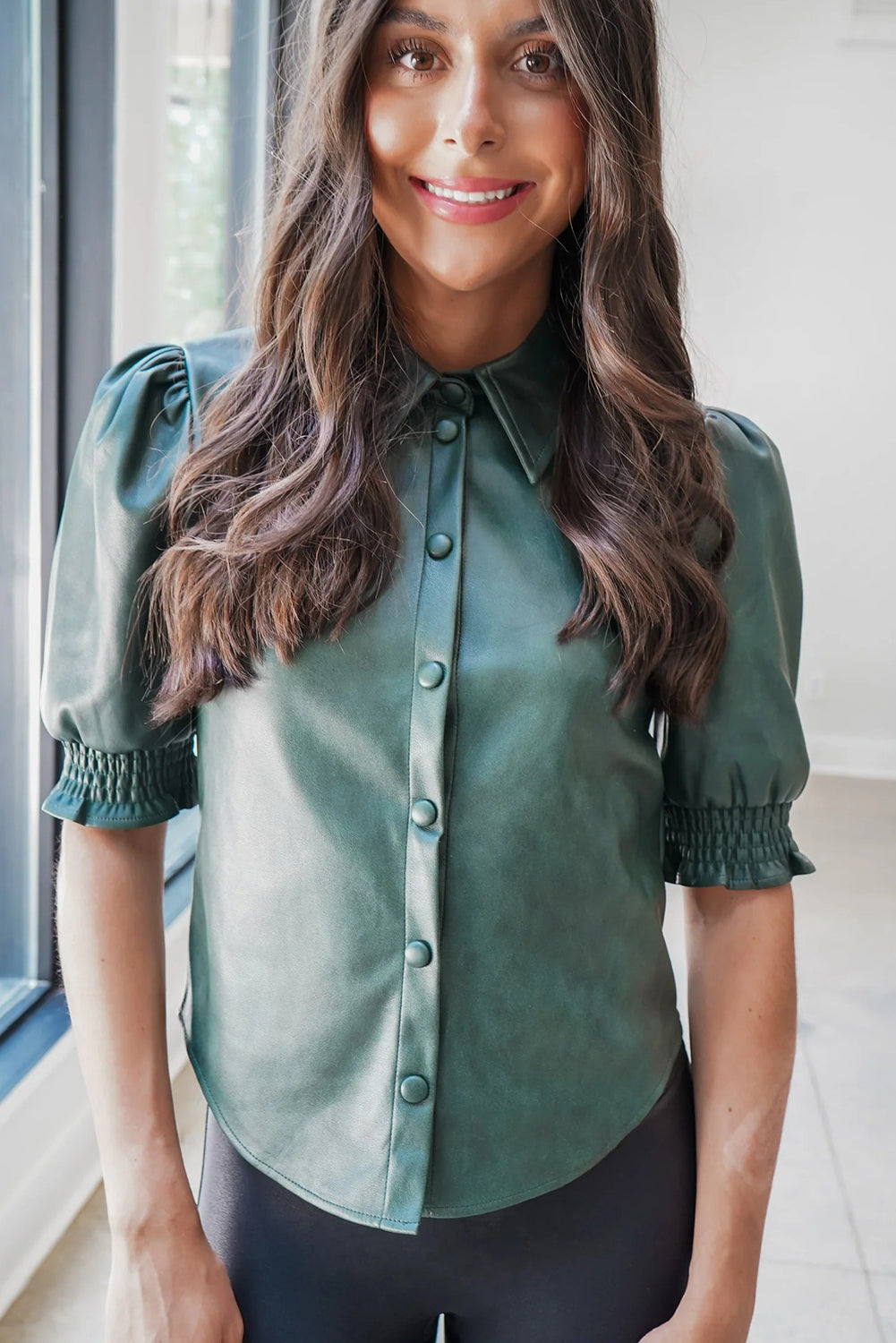 Evergreen Solid Color Faux Suede Button Down Frilled Short Sleeve Shirt