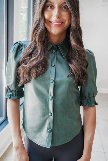 Evergreen Solid Color Faux Suede Button Down Frilled Short Sleeve Shirt