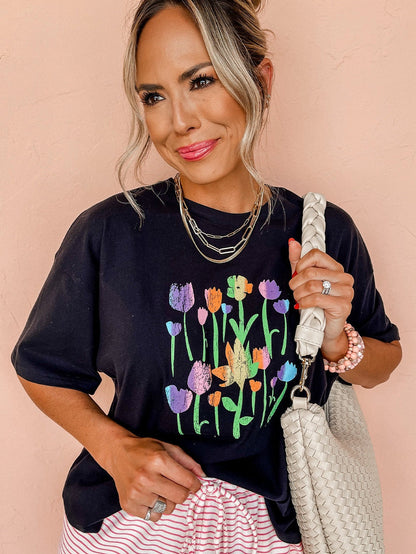 Floral Charm Black Crewneck Graphic Tee