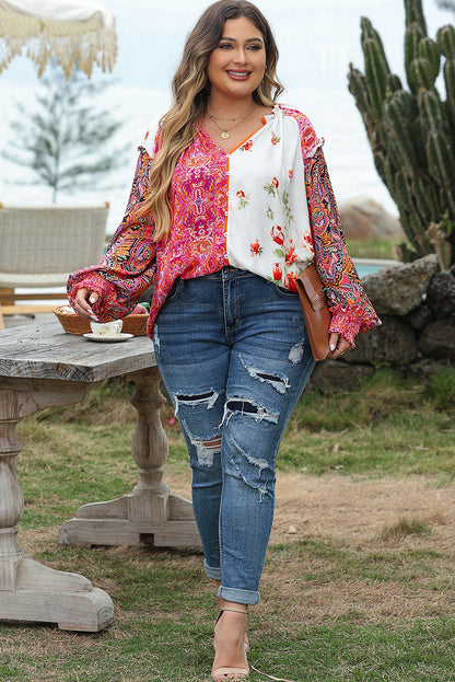 Pink Floral Print V-Neck Button-Up Blouse with Shirred Cuffs