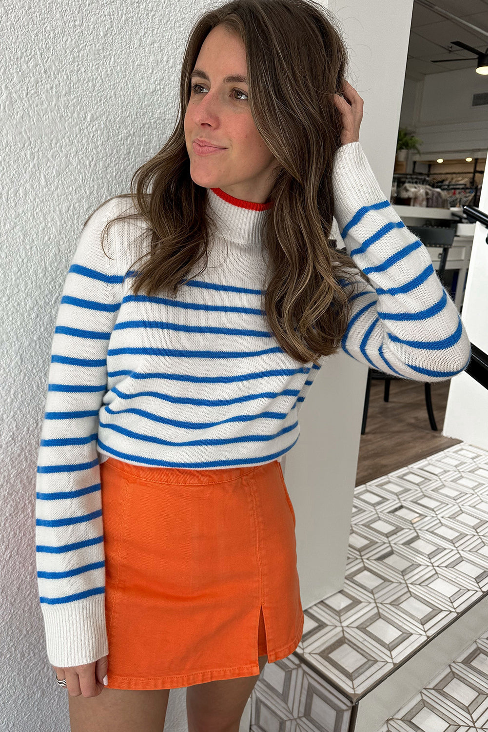 Blue Stripe High Neck Casual Sweater