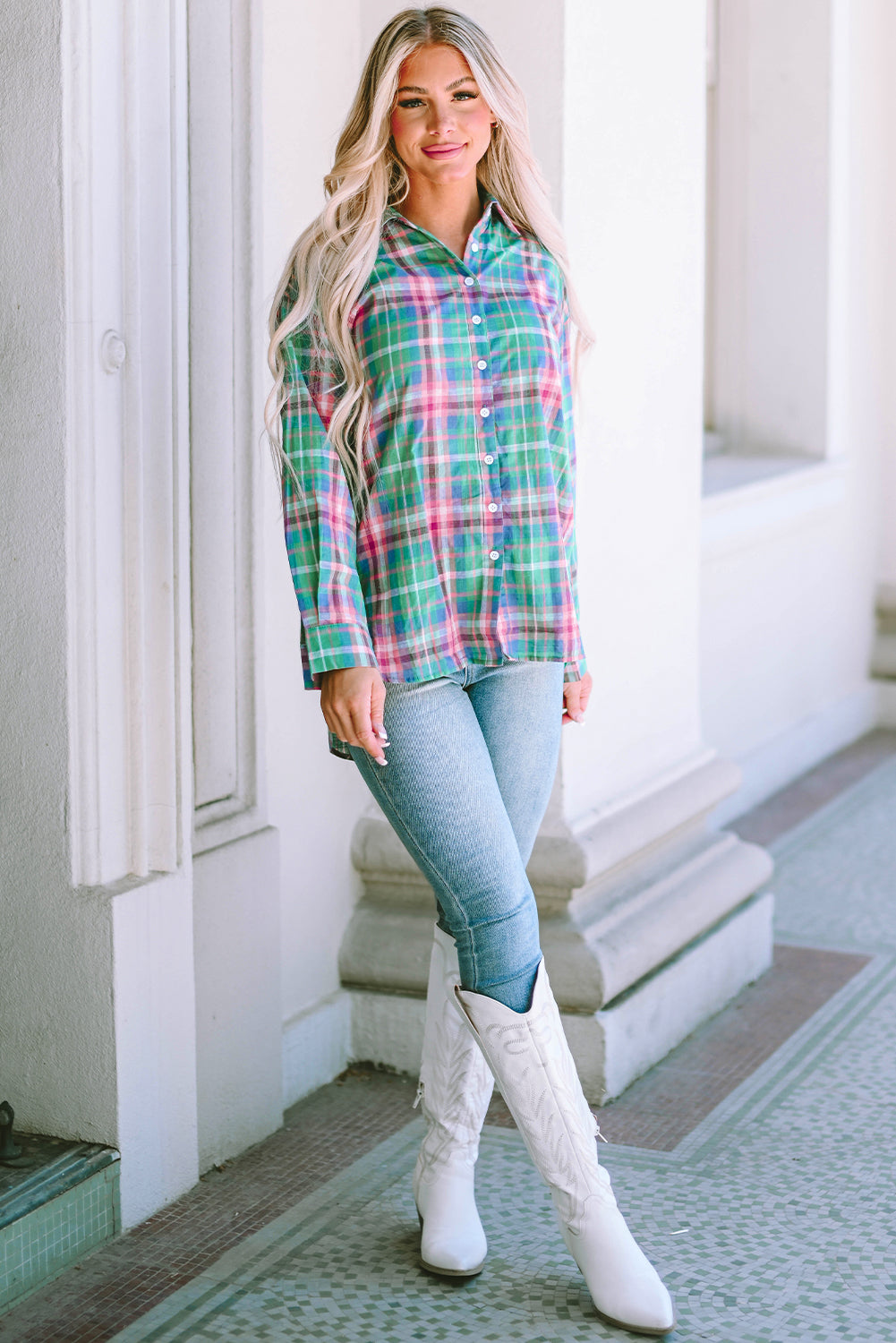 Green Plaid Split Detail Button Down Shirt