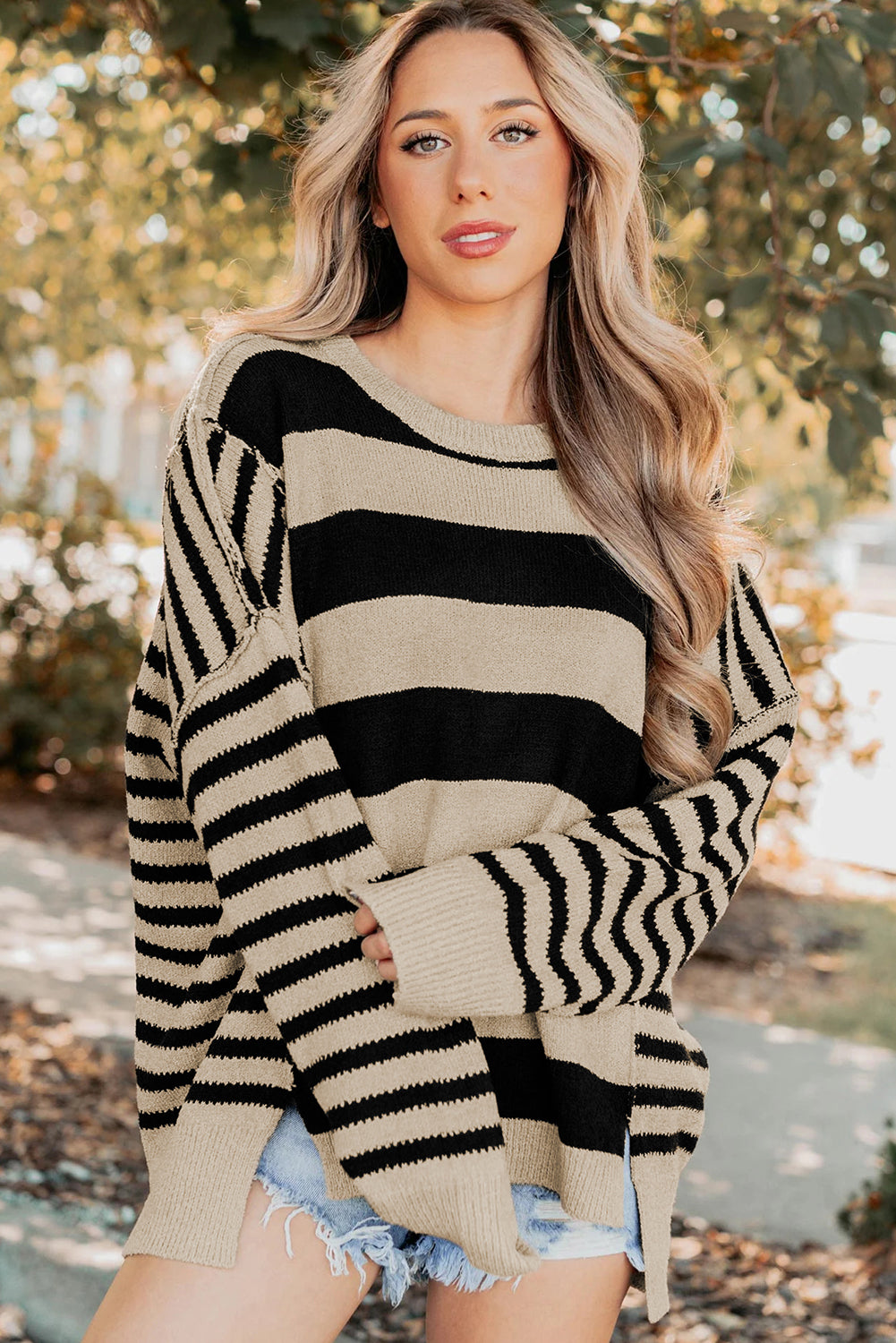 Black Stripe Exposed Seam Drop Shoulder Sleeve Contrast Patchwork Baggy Sweater