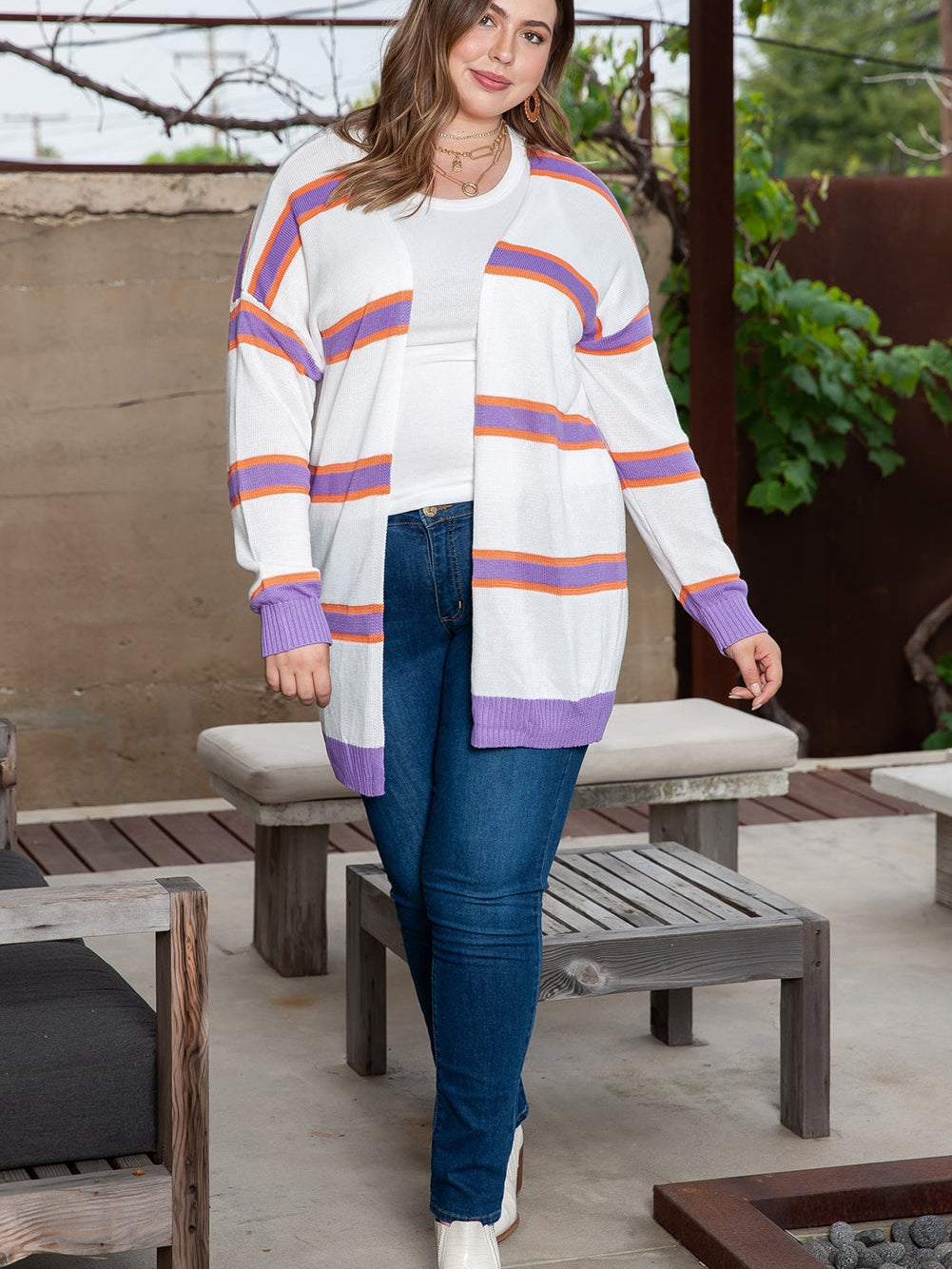 Cozy Beige Striped Oversized Sweater Jacket