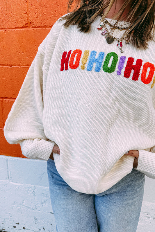 White HOHOHO MERRY CHRISTMAS Chenille Graphic Drop Shoulder Holiday Sweater