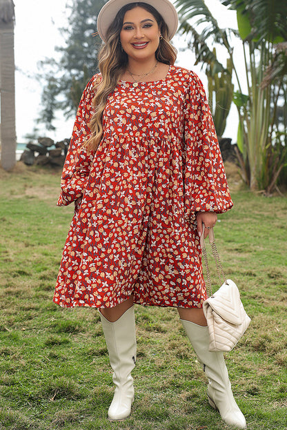 Elegant Gold Floral Square Neck Bubble Sleeve Plus Size Midi Dress