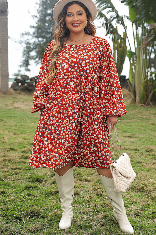 Elegant Gold Floral Square Neck Bubble Sleeve Plus Size Midi Dress